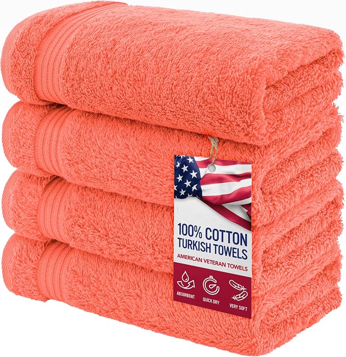 American Veteran Towel, Hand Towels for Bathroom Set of 4, 100% Cotton Turkish Hand Towel Sets, Soft Hand Face Towels, Coral Hand Towels