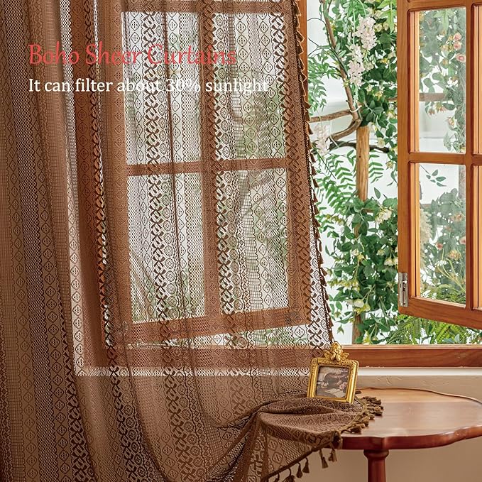Sutuo Home Dark Coffee Boho Lace Curtains 108 inches Long for Bedroom Living Room, Caramel Sheer Window Curtains Bohemian Crochet Privacy Vintage Tassels Cottagecore Decor Rod Pocket,2 Panels 50" W