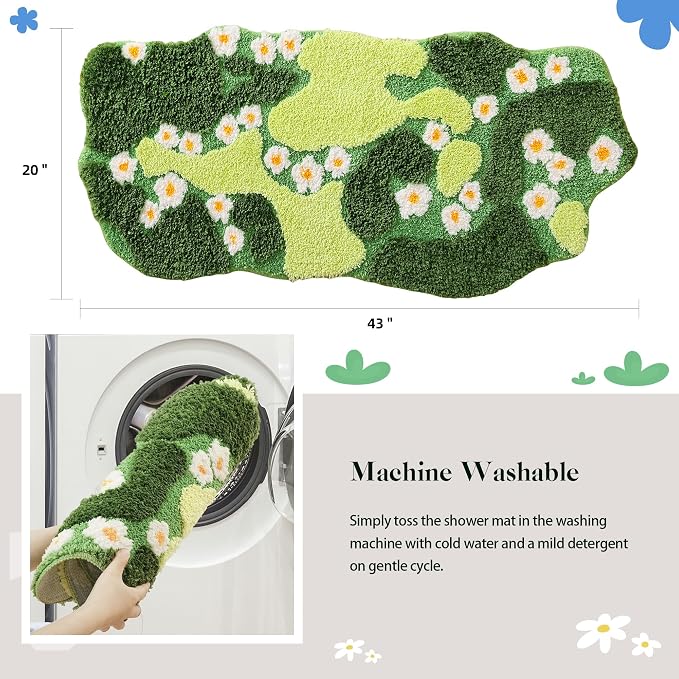YIKUSH Bathroom Rugs Green Bath Mat Cute Moss Rug with Small White Flowers Non Slip Door Mat for Bedroom and Kitchen Soft Washable Rug Floral Bath Mats (43x20 inch)