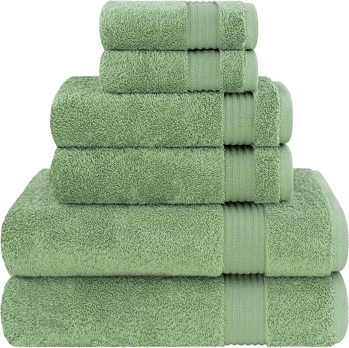 Cotton Paradise Towel Set of 6, 2 Bath Towels, 2 Hand Towels and 2 Washcloths Towels for Bathroom Sets, Green