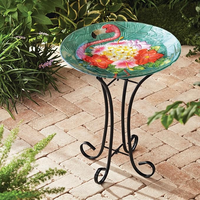 Teamson Home 17.8 in. Fusion Glass Birdbath, Multi | Bird Design, Tropical Flamingo Design, Foldable Metal Stand, Ground Hook