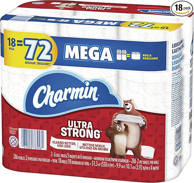 Charmin Ultra Strong Toilet Paper, Mega Roll, 18 Count of 286 Sheets Per Roll