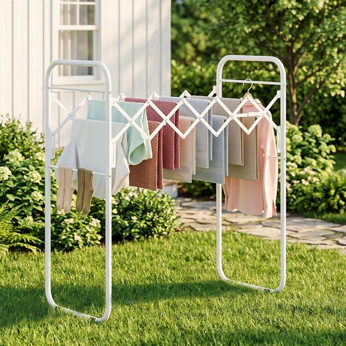 STORAGE MANIAC Clothes Drying Rack Foldable for Indoor Outdoor Use, White | 13 Drying Rails Accordion | Antirust Metal Free-Standing Laundry Drying Rack for Clothing Towels | 16.9"D x 36.4"W x 38.2"H