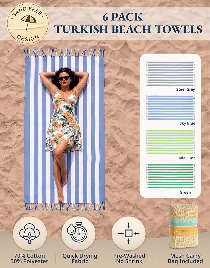 LANE LINEN 6 Pack Beach Towels Bulk, Oversized, 39"x71" - Cabana Collection | Classic Cabana Stripe - Fast-Drying Travel Companion - Reinforced Hems, No Fraying - Fade & Shrink Resistant - Pool Day