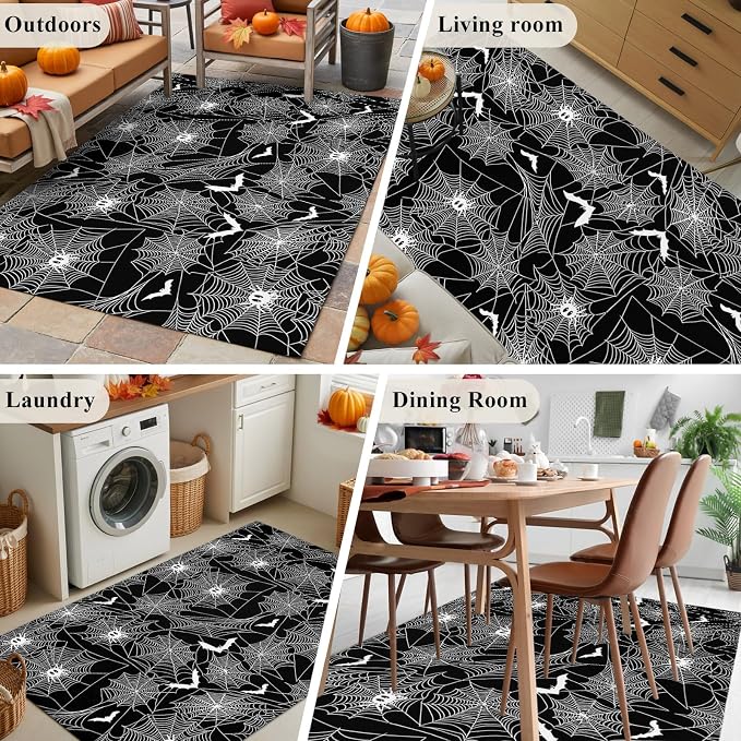 3 x 5 Ft Area Rug for Reading Room. Halloween Indoor Accent Rugs for Living Room, Black Scary White Bat Animal Net Geometric Decorative Modern Carpet Washable Low Pile Non Slip Rug for Bedroom