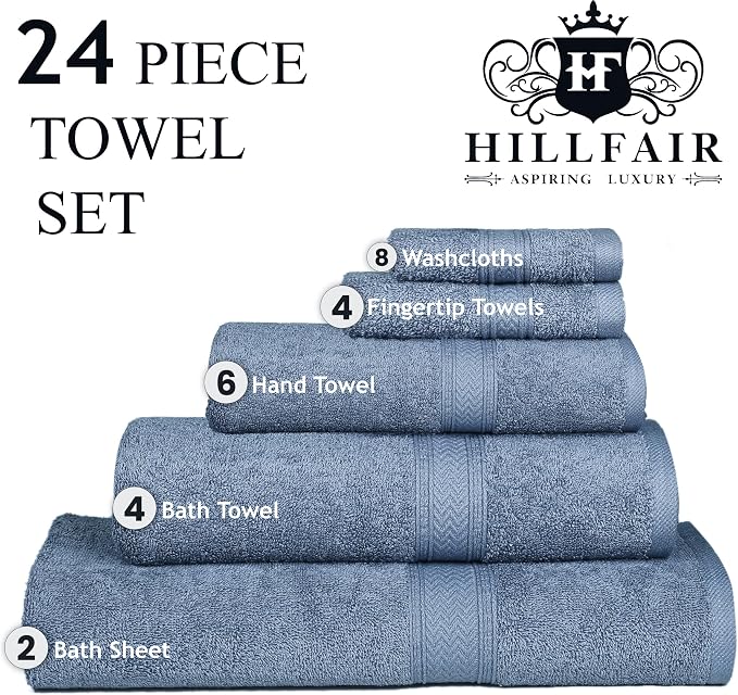 HILLFAIR 24 Piece Bath Towels Set for Bathroom- 100% Cotton 24 PC Bulk Pack Hotel Spa Towel Set- 2 XXL Oversized Big Towels, 4 Bath Towels, 6 Hand Towels, 4 Fingertip Towels, 8 Washcloths: Blue