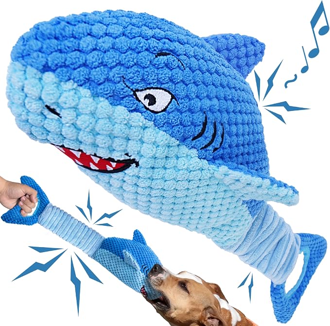 LEGEND SANDY Squeaky Dog Toys for Large Dogs – Interactive Plush Shark Toy with Crinkle & Tug of War Tail, Puppy Chew Toys for Small Medium Large Breeds