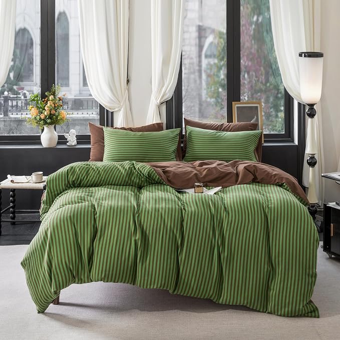 Reversible Duvet Cover Set 100% Washed Cotton Green Stripe Linen Feel Duvet Cover King Size with Zipper Closure & 2 Pillow Shams, Green/Brown Stripe Reverse Solid Brown