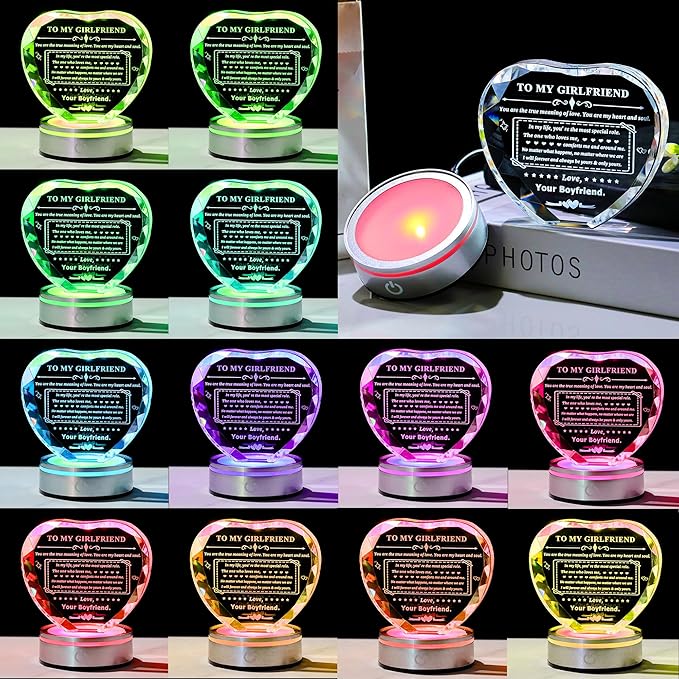Gifts for Girlfriend Crystal Heart with LED Base Gifts to My Girlfriend from Boyfriend Romantic Anniversary Birthday I Love You Gifts for Her