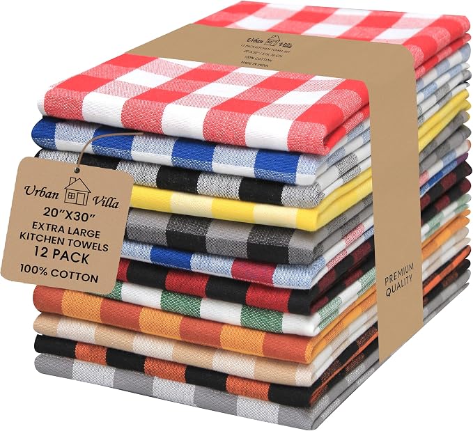 Urban Villa Kitchen Towels 100% Cotton Dish Towels for Kitchen (Set of 12) 20”x30” Dish Cloths Highly Absorbent Kitchen Linen Set with Hanging Loop Perfect for Drying Dishes Cleaning – Multi Color