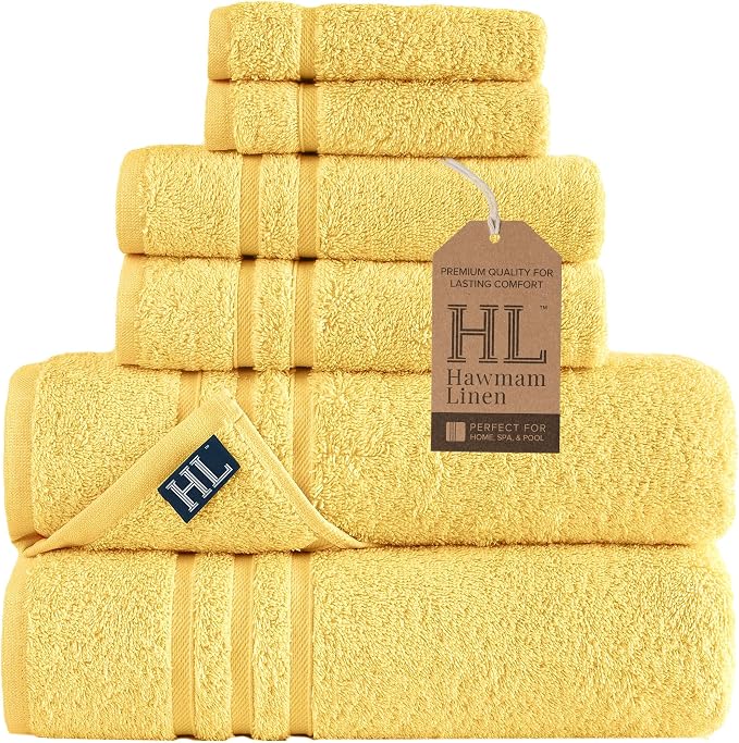 Hawmam Linen Yellow 6 Piece Bath Towels Set for Bathroom Original Turkish Cotton Soft, Absorbent and Premium 2 Bath Towels, 2 Hand Towels, 2 Washcloths