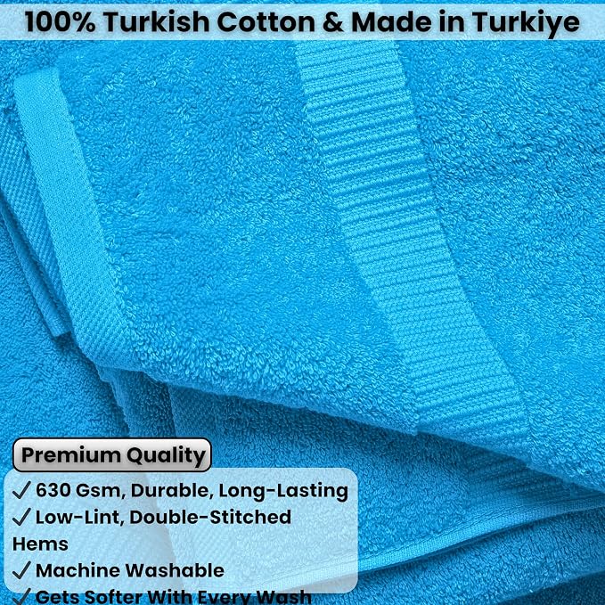 SALBAKOS 100% Turkish Cotton Bathroom Towel Set of 6-Piece, Aqua | 630 Gsm Thick Super Soft Highly Absorbent 2 Bath + 2 Hand + 2 Washcloth Towels Sets, Giftable, Hotel Quality, Made in Turkey