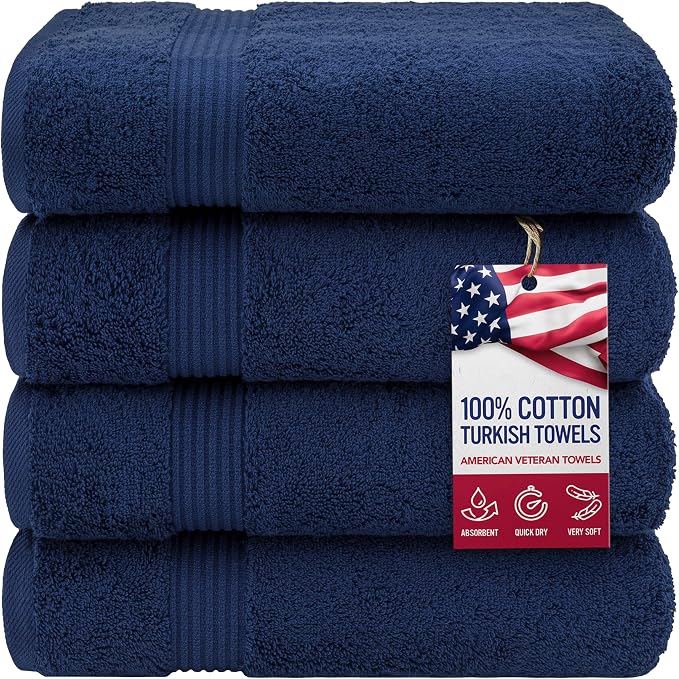 American Veteran Towel, 100% Cotton Turkish Bath Towels for Bathroom 4 Pack, 27x54 Extra Large Premium Soft Drying Bathroom Towels, Aqua Blue