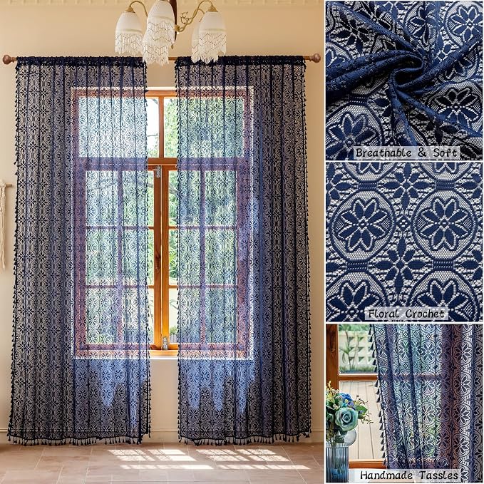 Sutuo Home Boho Lace Curtains for Living Room Dining Room, Floral Semi Sheer Curtains with Tassels Cottagecore Farmhouse Privacy Crochet Vintage Chic Drape Rod Pocket, 2 Panels 50" x 96" Navy Blue