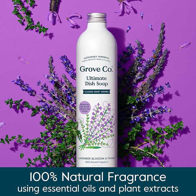 Grove Co. Dish Soap, 3 x 16 fl oz Refills + Refillable Glass Dispenser | Lavender Blossom & Thyme; Plastic-Free; Reusable dispenser; Refill format; Removes Stuck on Food; 98% plant-based ingredients