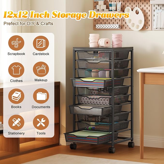 10-Drawer Rolling Storage Cart, Craft Organizers and Storage, Black | 12x12 Inch Storage Drawers for Scrapbook Paper,Classroom,Craft,Bathroom,Teacher,Office,Art,Metal Organizer Cart with wheels