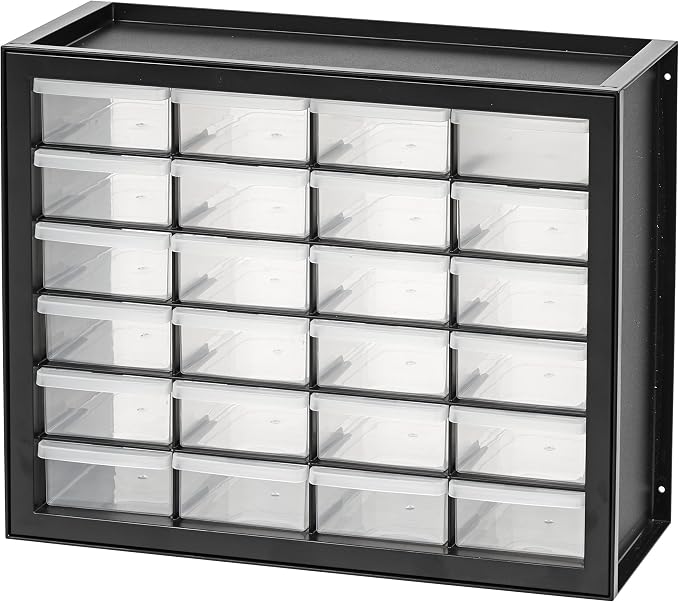 IRIS USA 24-Drawer Plastic Storage Organizer, Made in USA, Teacher Toolbox, Multi Drawer Cabinet For Garage Tools Beads Balloons Building Bricks Crafts Stickers Small Business Scrapbook Art, Black