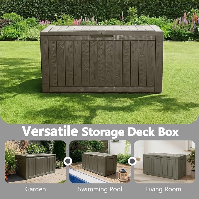 110 Gallon Waterproof Large Resin Deck Box, Lockable Large Outdoor Storage Box Indoor Outdoor Storage Container for Patio Cushions, Gardening Tools, Pool Supplies, Grey