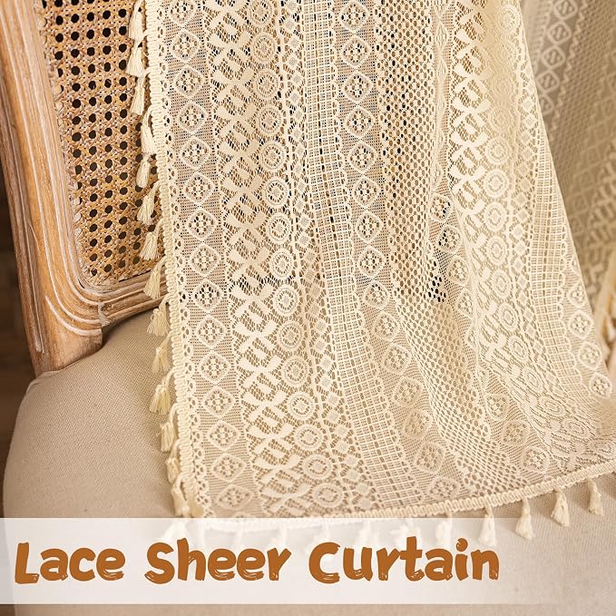 Sutuo Home Boho Doorway Curtains for Closet Patio, Lace Sheer Door Curtains for Doorway Crochet Vintage Chic Tassels Bohemian Temporary Room Divider Privacy Rustic Geometry Rod Pocket, 37" x 80" Beige