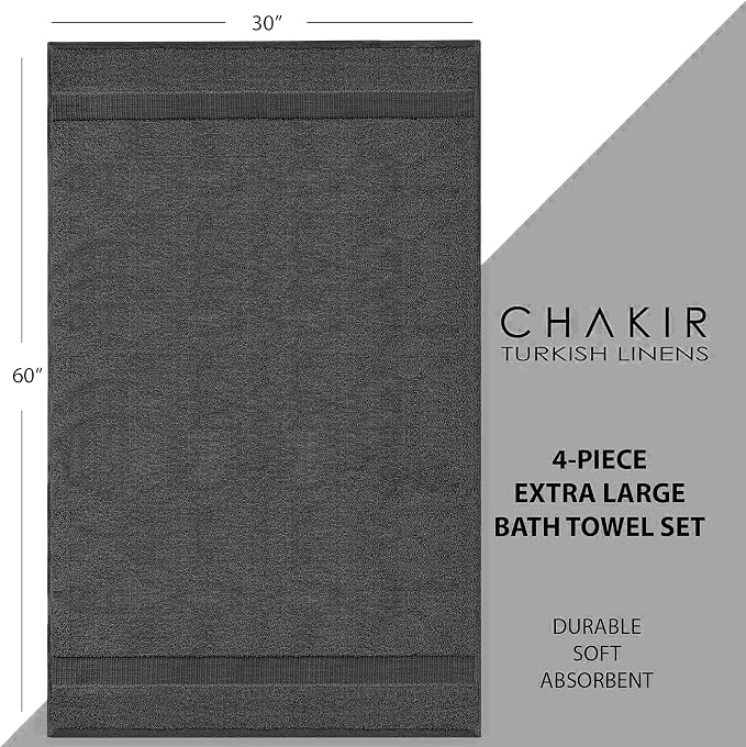 Chakir Turkish Linens 4 Piece Extra Large Bath Towels, 100% Cotton Luxury Turkish Towels for Bathroom, Soft Absorbent Bath Towels, 30 x 60 Inches, Dark Gray
