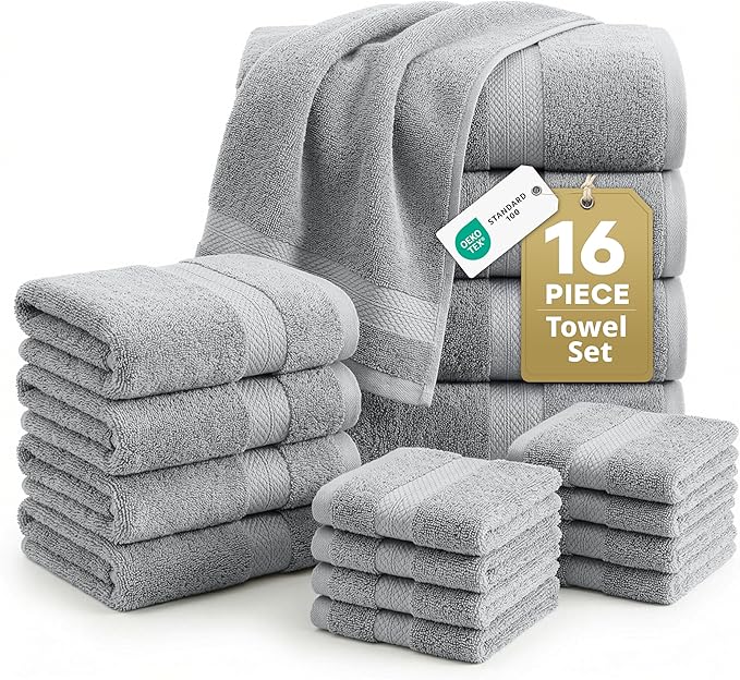 LANE LINEN Towel Set Soft Absorbent Quick Dry 100% Cotton 16 Piece - Grey | Cotton Bath Towels - Lightweight & Breathable, Fade-Resistant Color, Classic Terry Weave, Densely Woven & Durable