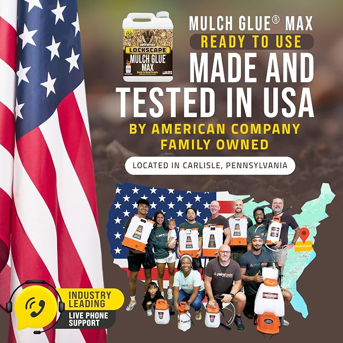 PetraMax Lockscape Mulch Glue for Landscaping, (Made in USA) - Pet-Safe Landscape Adhesive for Pine Straw, Wood Chips - Ready to Spray Mulch Anchor & Landscape Glue Spray for Lawns & Patios (2 Gallon)
