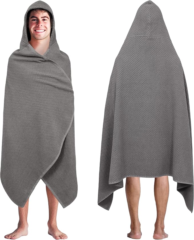 COTTON CRAFT Hooded Bath Towel for Adults – 100% Cotton Waffle Weave Towel | Oversized 35 x 70 inches Ringspun Terry Bath Sheet Wrap with a hood - Soft Super Absorbent Quick Dry – 450 GSM – Grey