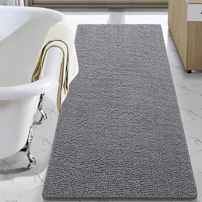 LOCHAS Luxury Bathroom Rug Shaggy Bath Mat 30 x 60 Inch, Gray | Washable Non Slip Bath Rugs for Bathroom Shower, Soft Plush Chenille Absorbent Carpets