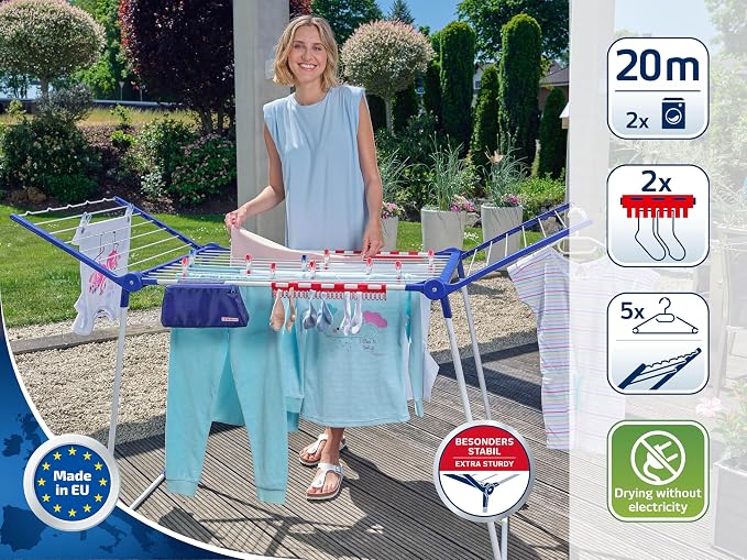 Leifheit Pegasus 200 Solid Comfort Laundry Dryer – Foldable Drying Rack, 21.87 Yard Drying Space, Adjustable Wings for Long Garments, Compact & Easy to Install and to fold.