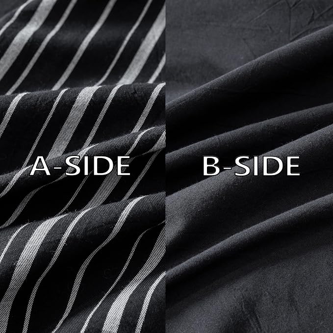 Reversible Duvet Cover Set 100% Washed Cotton Black Stripe Linen Feel Duvet Cover Queen Size with Zipper Closure & 2 Pillow Shams, Black/White Stripe Reverse Solid Black