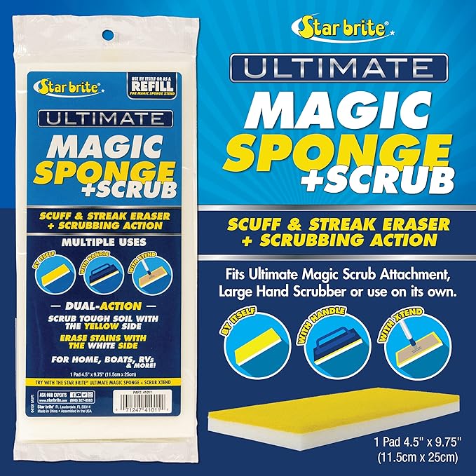 STAR BRITE Ultimate Magic Sponge +Scrub Pad - Use by Itself, with Handle or with XTEND Flex Head for up to 10'+ of Reach (41001) (Pack of 2)
