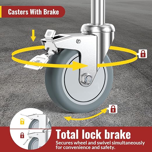 HOLKIE Stem Caster Wheels 4 inch Locking Casters Set of 4, 7/16-Inch Stem Diameter Swivel Castor Heavy Duty TPR Rubber Replacement Castors for Cart, Stool, Mop Bucket, Grill, Shop Vac