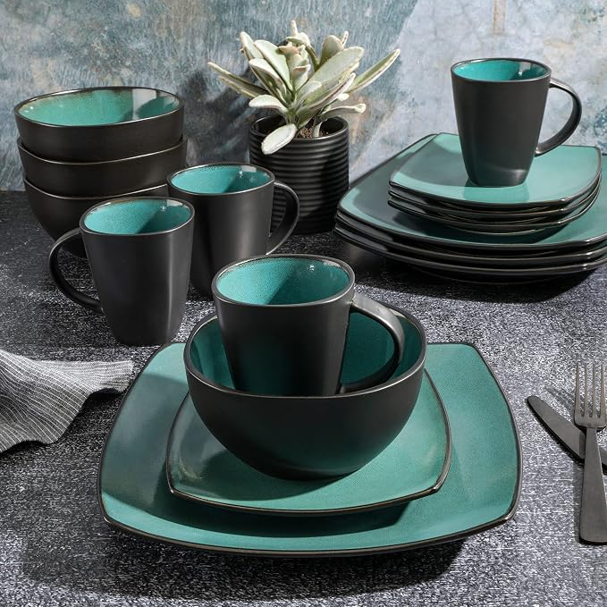 Gibson Elite Soho Lounge 16-Piece Reactive Glaze Dinnerware Set – Teal and Black Tutone Stoneware Plates and Bowls