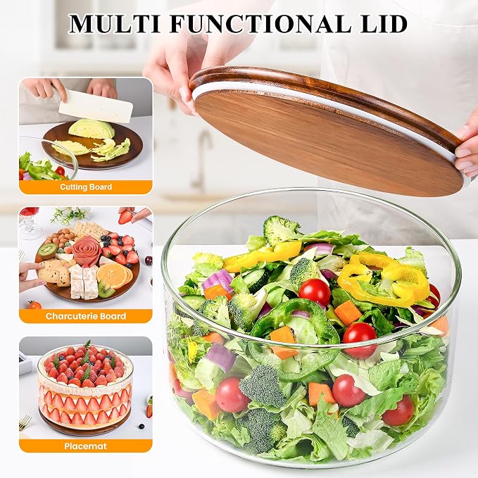 LOVYANXUE Glass Trifle Bowl with Acacia Wood Lid, 197 oz Large Glass Salad Bowl - Versatile Mixing and Serving Dish for Cake, Salad, Fruit, Baking, Dessert, Meal Prep, Storing, Microwave & Oven Safe