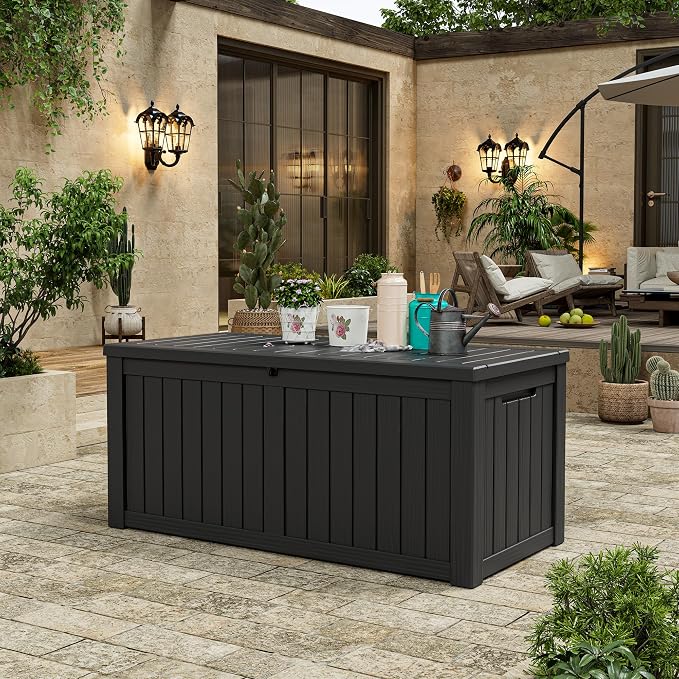 Outdoor Storage Box, 150 Gallon Large Outdoor Resin Deck Box, Storage Waterproof Boxes Lockable Lid for Garden Tools, Pool Supplies, Patio Furniture and Cushions, Black