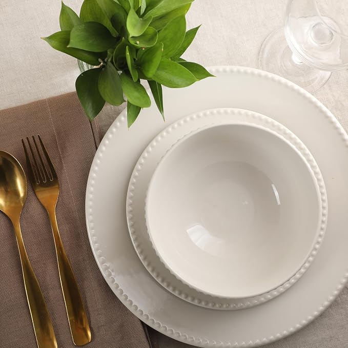 Gibson Home Caviara Plates and Bowls Set, 12-Piece Dinnerware Set, White Round Beaded Rim Ceramic Dish Set, Dinner Plates, Salad Plates & Cereal Bowls