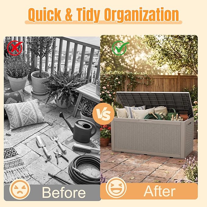 Outdoor Storage Box, 170 Gallon Waterproof Resin Deck Box with Support Rod | UV Resistant Lockable Package Delivery Bin, Shoe, Patio & Garden Tools Storage, Toy Cabinet, Ottoman, Indoor/Outdoor