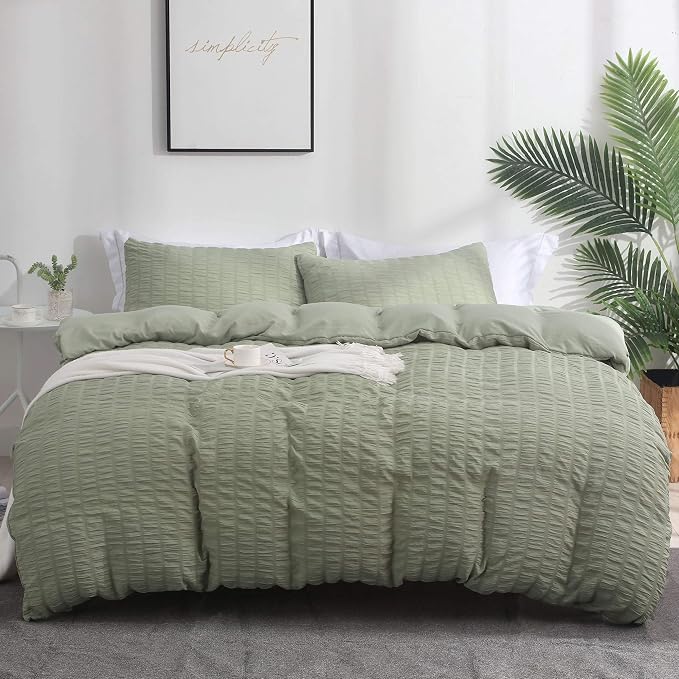 AveLom Sage Green Duvet Cover Queen Size, Textured Seersucker Duvet Cover Set, Soft Washed Microfiber with Zipper Closure and Corner Ties, 3 Pieces, 90" x 90" Duvet Cover & 2 Pillowcases
