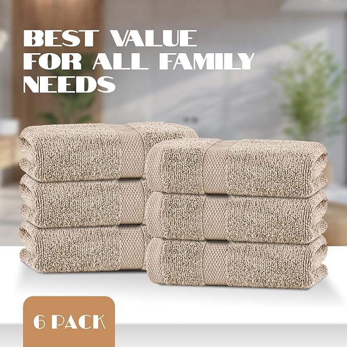 White Classic Taupe Hand Towels for Bathroom [6 Pack] Cotton Hand Towel Bulk for Gym, Kitchen and Spa, 16x27 Inches Soft Highly Absorbent Quick Dry Terry Salon Towels