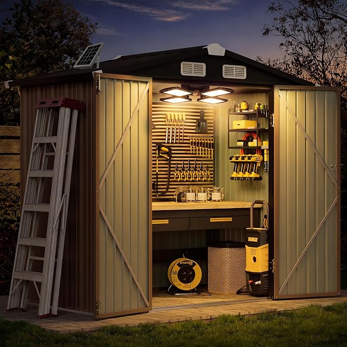 Aoxun 6'x4' Outdoor Storage Shed with Solar Motion Sensor Light, Browm | Metal Garden Tool Shed with Remote Control, 3 Lighting Moders and 4 Sensing Moders | Lockable Doors & Slooping Roof