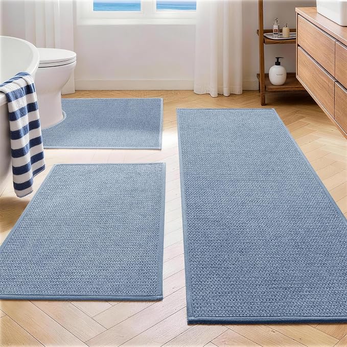 YIHOUSE Navy Blue Bathroom Rugs Sets 3 Piece, Quick Dry Thin Bath Mat with Toilet Rug, Non Slip Absorbent Machine Washable, Bath Runner Rugs for Bathtub Sink Home Decor
