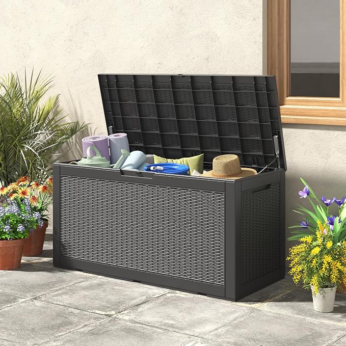 120 Gallon Waterproof Large Resin Deck Box, Lockable Large Outdoor Storage Boxes Indoor Outdoor Storage Container for Patio Cushions, Gardening Tools, Pool Supplies, Black