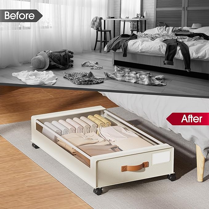 Yecaye 4 Pack Under Bed Storage with Wheels, Under Bed Storage Containers with Lids, Large Under Bed Rolling Storage with Clear Window & Label, Rolling Drawers for Clothes, Blankets, Books