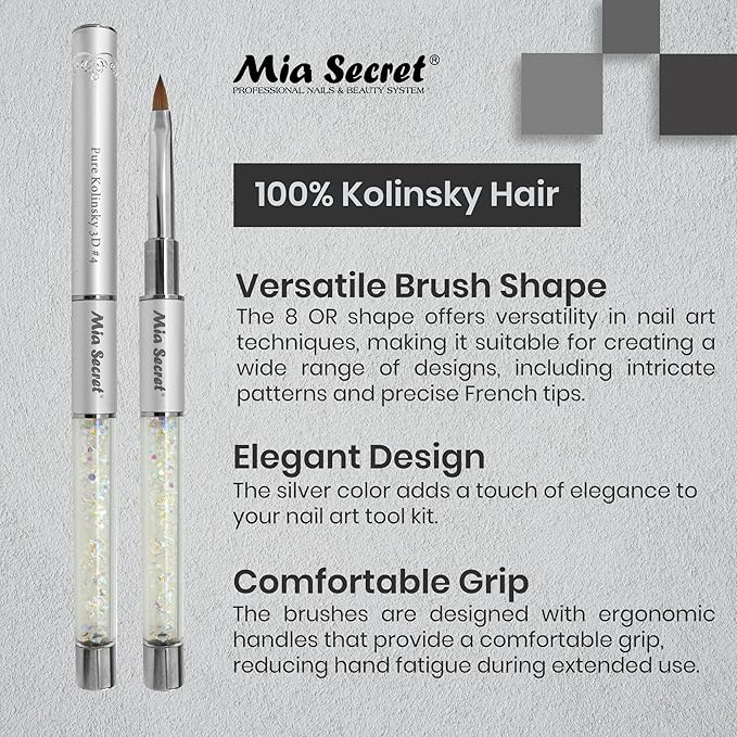 Mia Secret PREMIER NAIL BRUSHES 100% Kolinsky Hair MADE IN USA Prenium Nail Art Brushes (Silver, 8 OR)