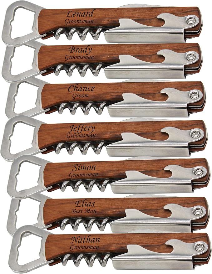 Set of 1, 3, 8 and More Custom Engraved Wedding Party Corkscrew Multi-Tools - Personalized for your Bachelor, Bachelorette Party (7)