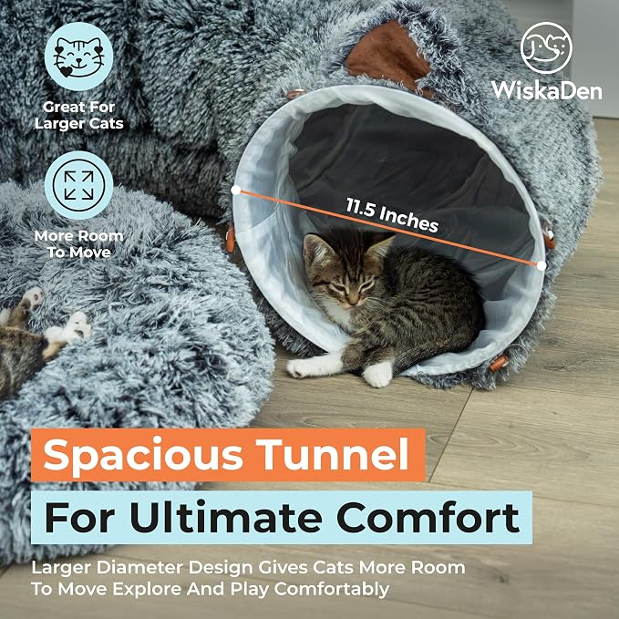 WiskaDen XL Plush Cat Tunnel Bed with Toy and Elderly Feline Access. 3-in-1 Dark Grey Fluffy Donut Cushion with Ears. Circle Tube for Indoor Cats Leisure, Hiding Spot, Dog Bed, or Rabbit Cave
