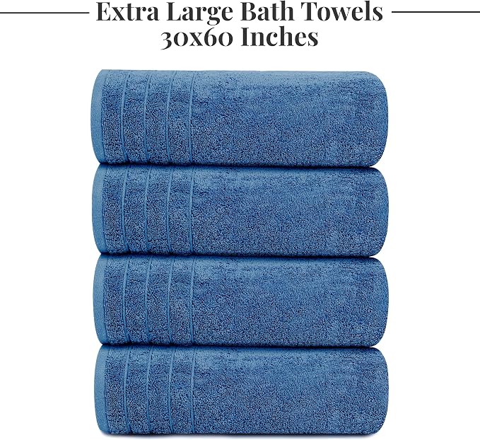 Tens Towels 4 Piece Extra Large Bath Towels 30 x 60 Inches, Blue | 100% Cotton, Larger & Lighter Weight, Quicker to Dry, Super Soft and Absorbent, Perfect for Bathroom