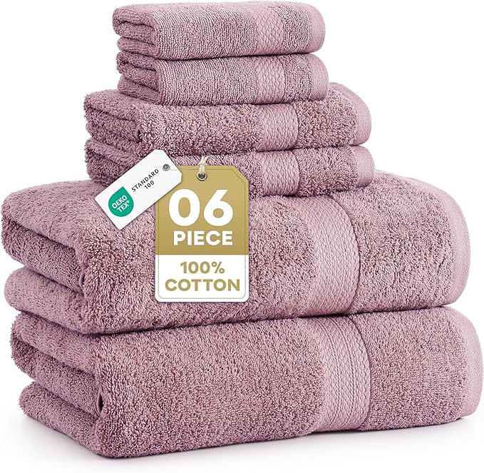 LANE LINEN Large Bath Towel Set Absorbent Quick Dry 6 Piece - Wishful Mauve | Cotton Towels - Fade-Resistant Color, Classic Terry Weave, Densely Woven, Coordinated Colors, Dobby Border Accent