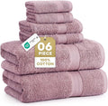 LANE LINEN Large Bath Towel Set Absorbent Quick Dry 6 Piece - Wishful Mauve | Cotton Towels - Fade-Resistant Color, Classic Terry Weave, Densely Woven, Coordinated Colors, Dobby Border Accent