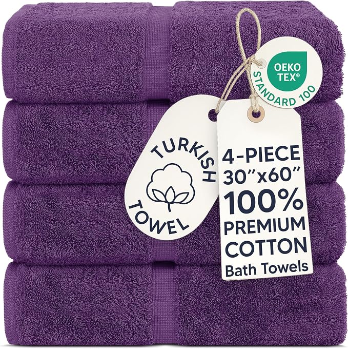 Chakir Turkish Linens 100% Cotton Premium Turkish Towels for Bathroom | 30'' x 60'' Large Bath Towels (4 Piece, Eggplant)